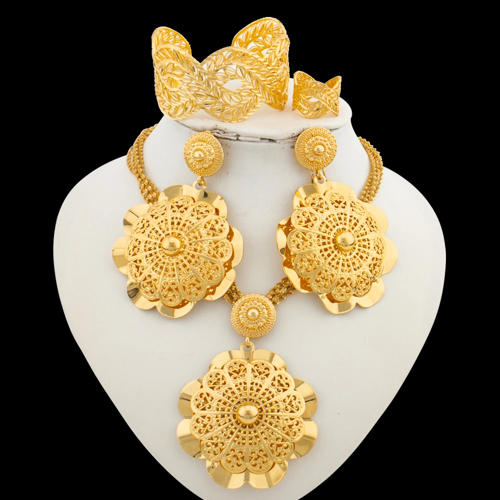 Dubai Gold Color Jewelry Set for Women Large Size Flower Pendant Necklace and Earrings Hollow Out Bangle Ring Set Bride African