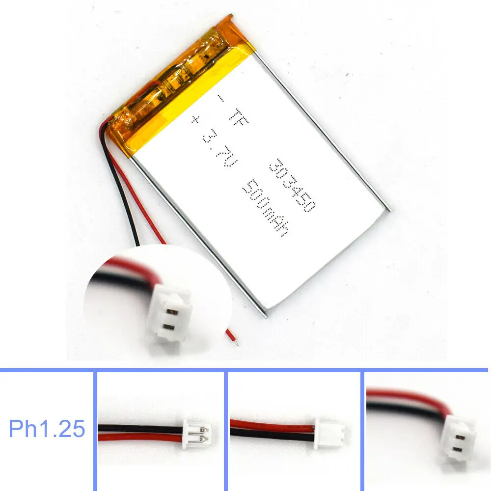 3.7 فولت 500 مللي أمبير ليبوليمر 303450 مع 2Pin جست التوصيل بطارية قابلة للشحن خلية ل مصباح كاميرا ليد غس مسجل قارئ