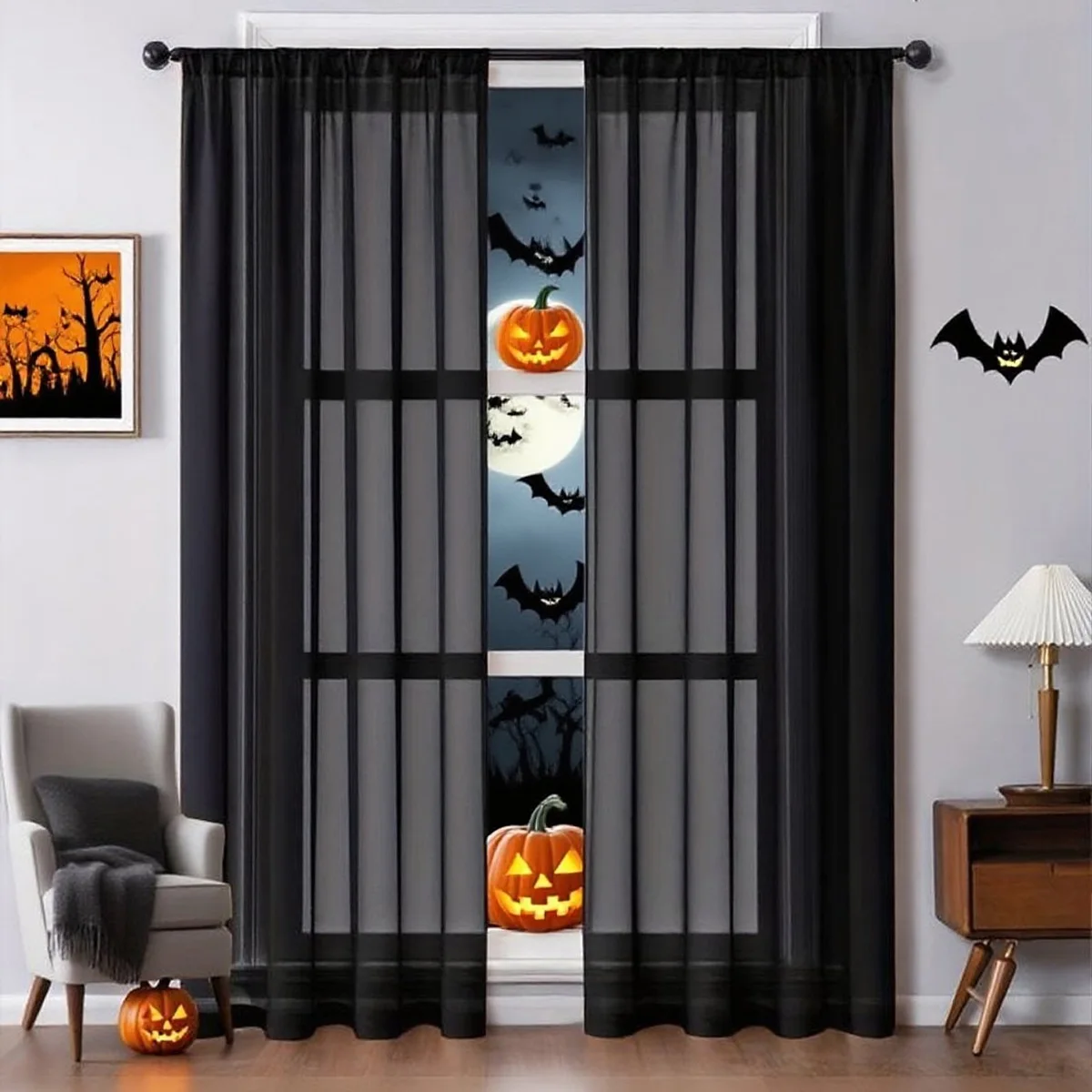 Halloween Ghost Day Holiday Celebration Decoration Orange Black Gauze Threaded Bar Curtain Sheet for Living Room Bedroom Window view 3