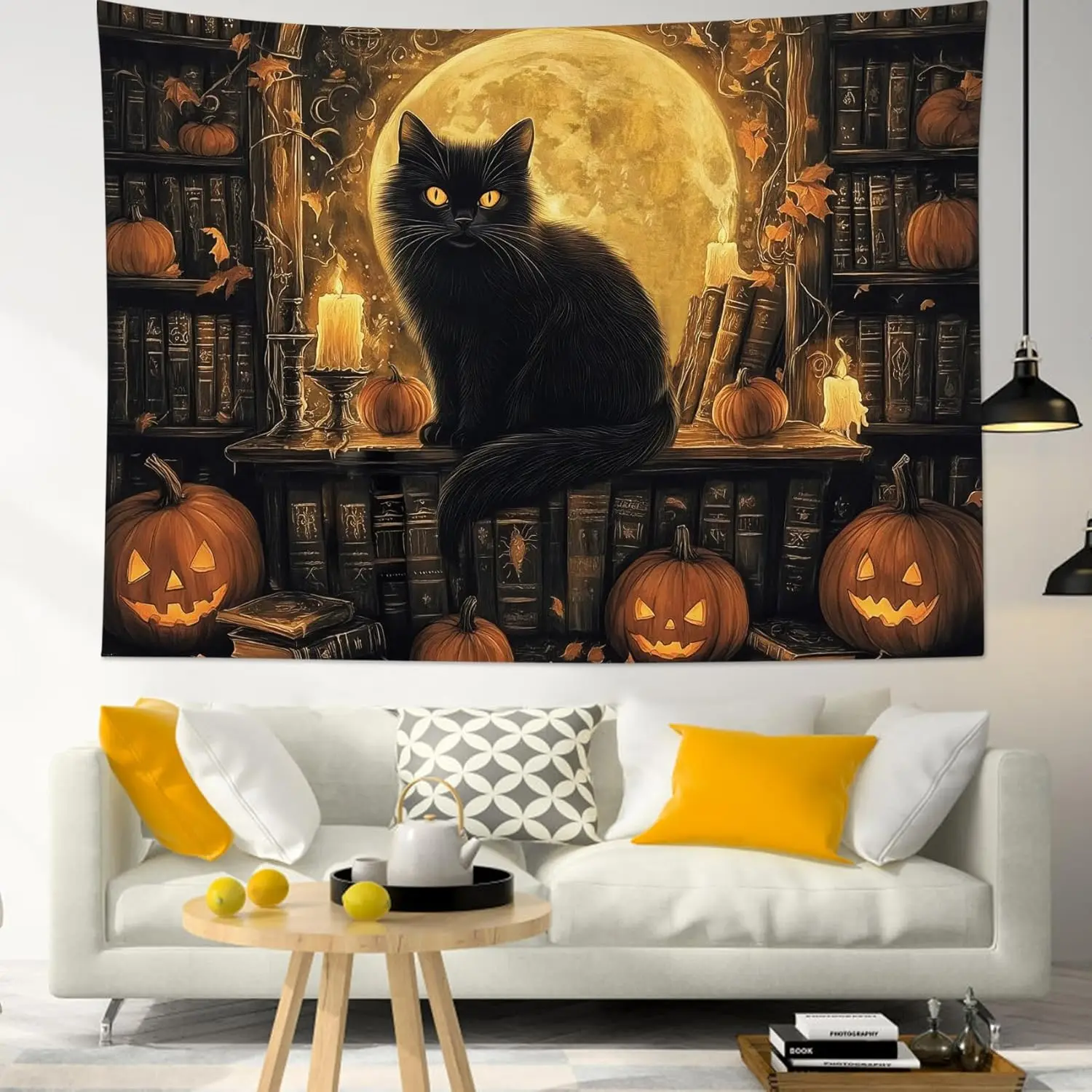 هالوين القط الأسود نسيج السحرية خمر رف الكتب اليقطين البدر نسيج لغرفة النوم مخيف القوطية جدار ديكور فني ل #1