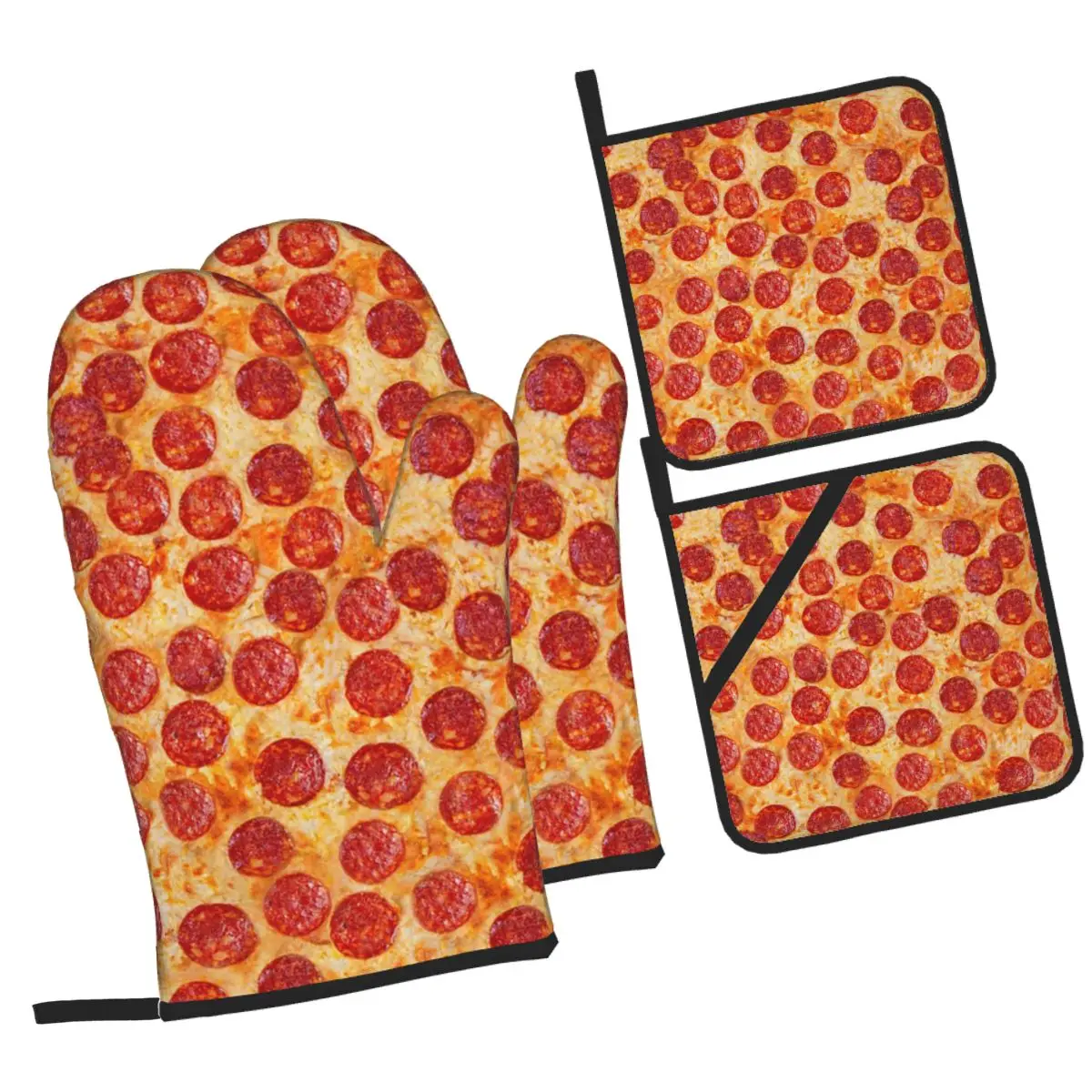 Realistic Pepperoni Pizza Pattern Oven Mitts and Pot Holder Sets of 4 for Baking Cooking Grilling Resistant Non-Slip Gloves