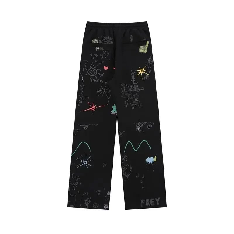 2024 Spring and Summer New Men's and Women's Same Street Style Retro Graffiti Casual Pants Loose Straight All-matching Trousers