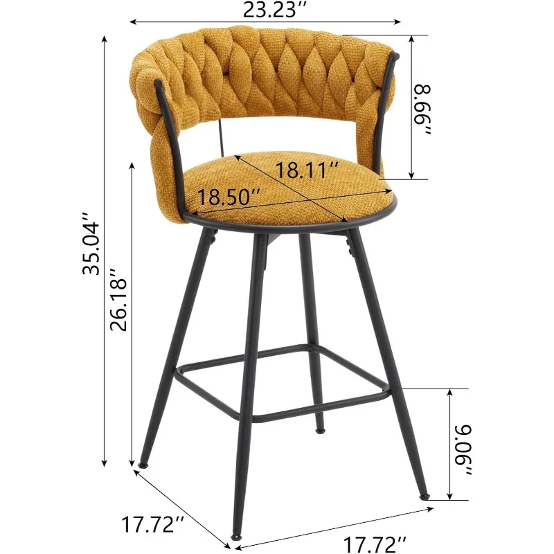 26 inch Bar Stool Set of 2, 360° Swivel Counter Barstool with Backrest, Upholstered Hand-Woven Barstool, Modern Bar Chair