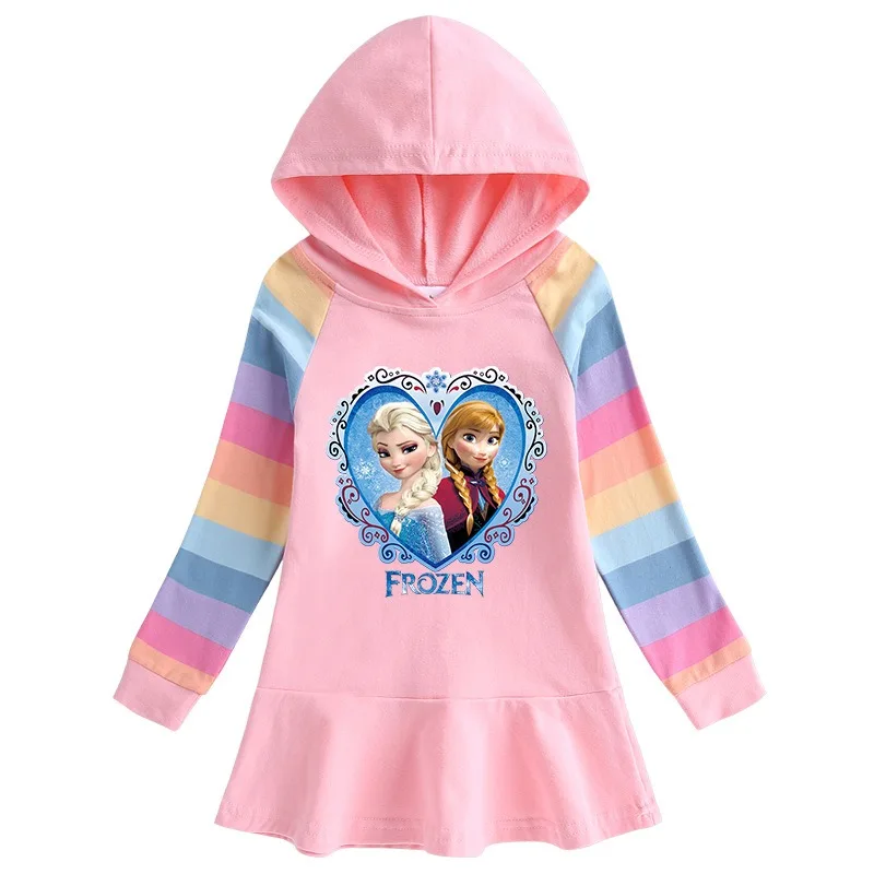 Disney Girls Dress Quality Cotton Autumn Rainbow Clothing for Children Long Sleeve Kids Bluey Frozen Elsa Clothes Hooded Skirt