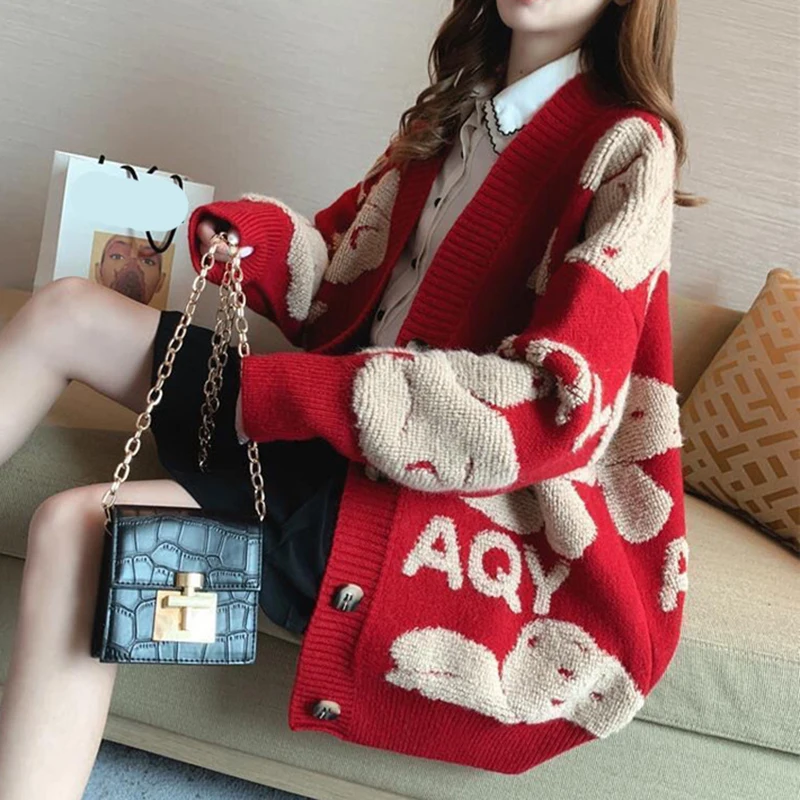 

Bear Embroidery Red Knitted Cardigans Women Korean Fashion V Neck Long Sleeve Cardigans Woman Cute Single Breasted Warm Coats