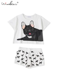 Cute Pajama Sets French Bulldog Print Loose Top + Shorts 2 Pieces Set Dog Pajamas Elastic Waist Lounge Nightwear 12