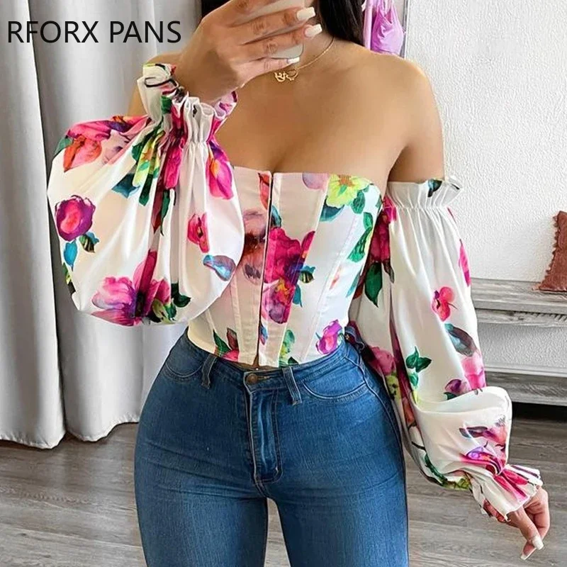 Women Off Shoulder Lantern Sleeve Floral Print Top for Women Top 2021