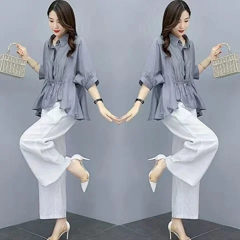 

Fashion Cotton Set For Women's Summer 2023 New Style Slim Fashionable Reduced Age Large Shirt Tops Wide Leg Pants 2 Piece Sets