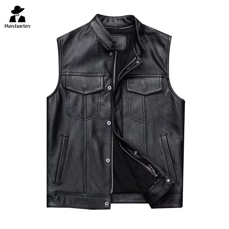 Leather Vest Men's high quality Stand Collar PU Leather Sleeveless Coat 2024 Fashion Racing Club Black Biker Leather Jacket