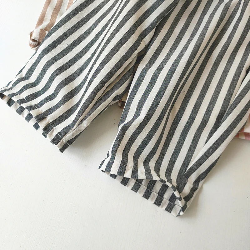 Vintage Linen Cotton Stripe Girls Pants for Toddler Kids Boys Summer Casual Trousers Children\'s Clothing