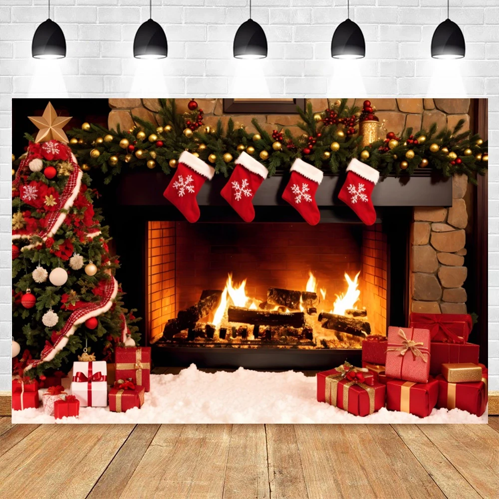 Christmas Fireplace Backdrop for Photography Burning Fireplace Xmas New Year Winter Family Party Decor Background Photo Studio