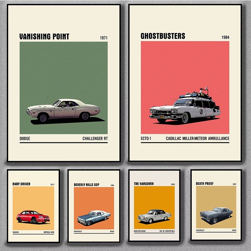 Póster de película de coche colorido minimalista, película de cazafantasmas, inspirador, pintura en lienzo, impresiones, imagen artística de pared para decoración del hogar y habitación