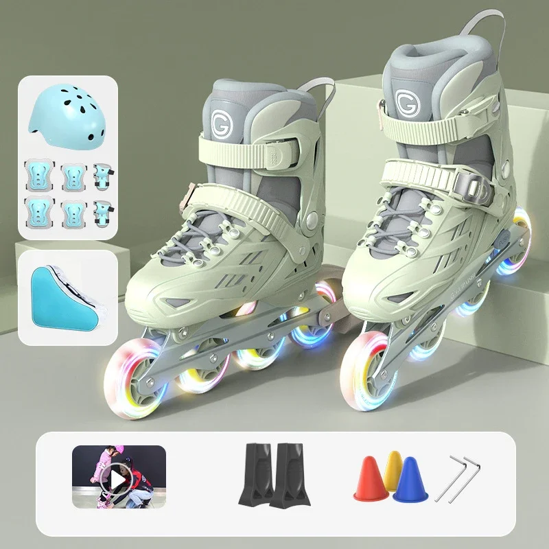 زلاجات دوارة مضمنة مع خوذة، وسادات للكوع والركبة، مجموعة حقائب أحذية فلاش 4 عجلات أحذية رياضية للأولاد والبنات أحذية تزلج قابلة للتعديل