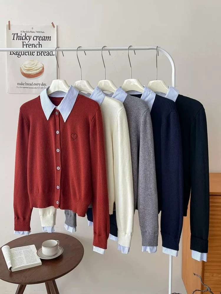 Autumn Winter Polo Collar Stripe Spliced Fake Two Piece Women Knit Cardigan Outerwear Heart Embroidery Casual Layered Sweate