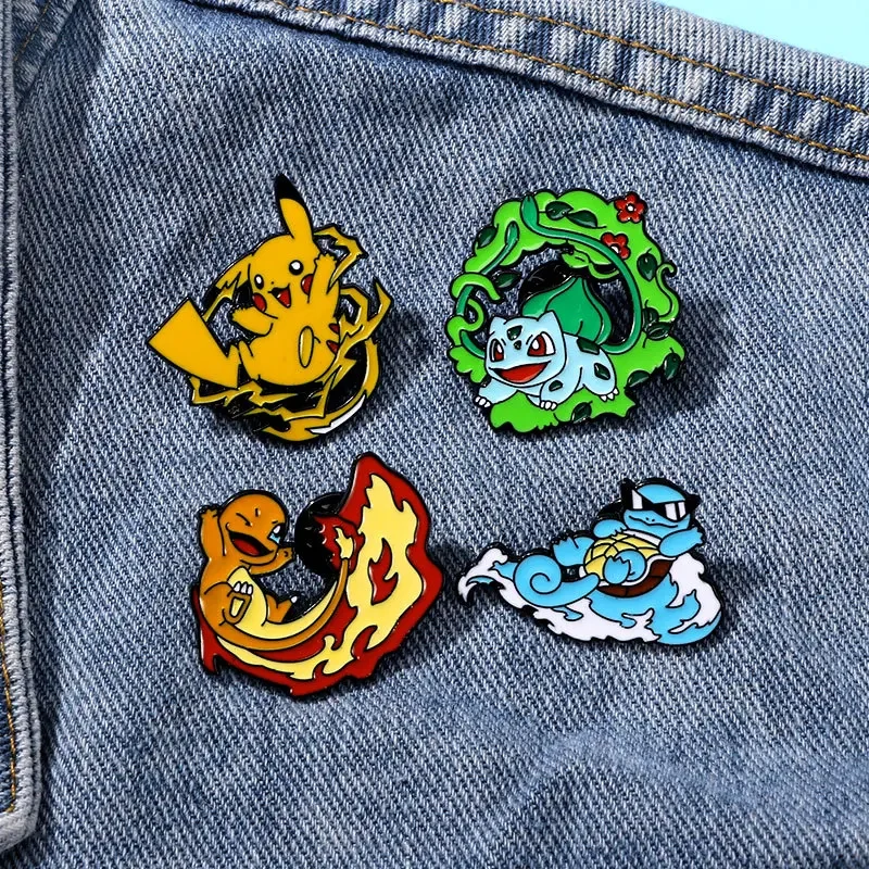 

4 Pcs/set Pokemon Pikachu Lapel Pin Cartoon Cute Lapel Pin Charmander Bulbasaur Squirtle Enamel Pin Metal Badge Accessories Gift