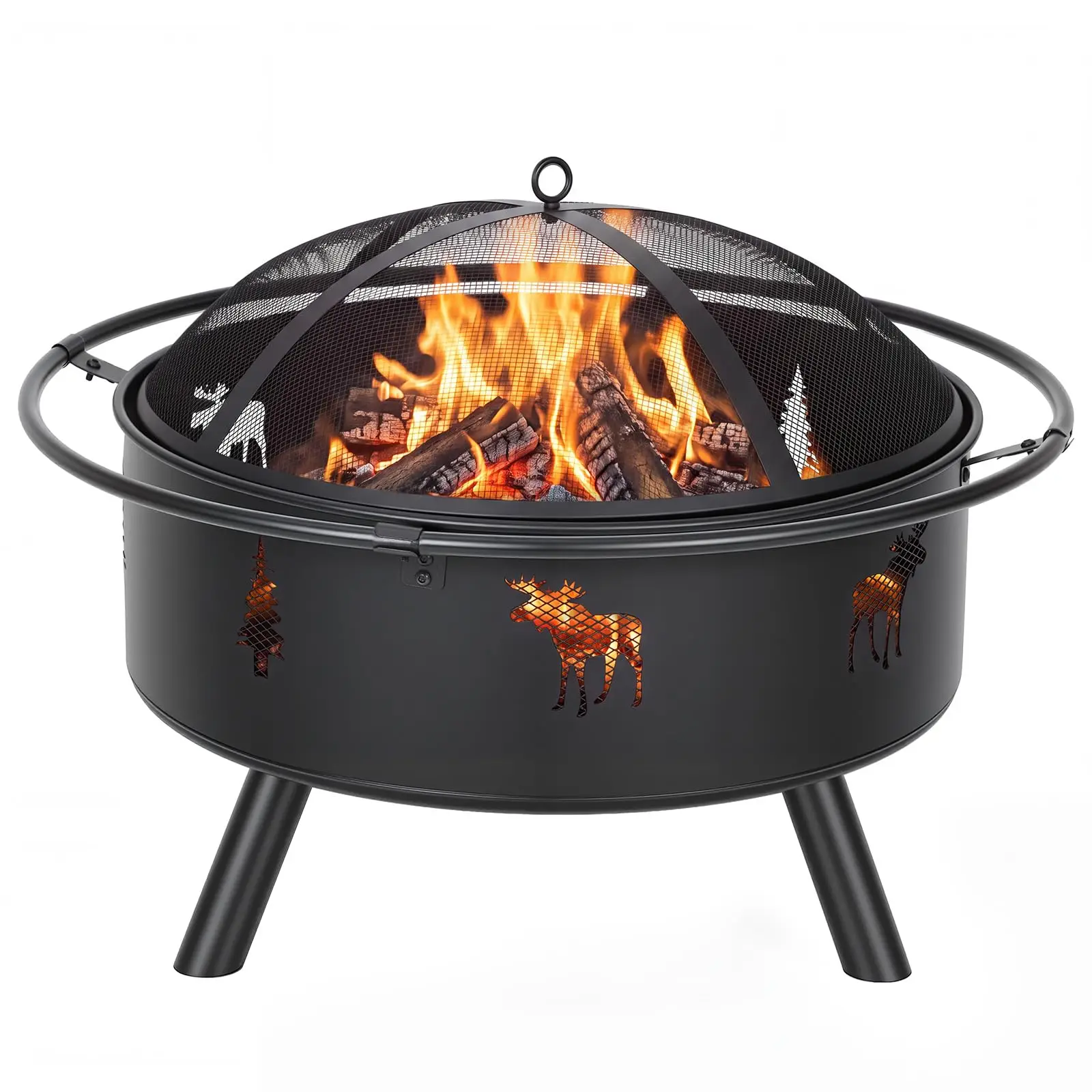 32 Inch Wood Burning Fire Pit With Mesh Spark Screen And Poker, Round Steel Outdoor Firepit Bowl For Patio Deck Backyard Bonfire
