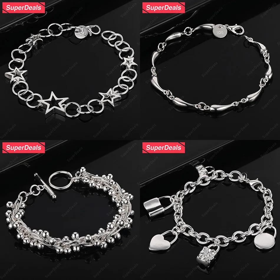 

SuperDeals 925 Sterling Silver Water Drop Star Heart Lock Multi-Bead Bracelet Women Charm Wedding Jewelry Fashion Party Gift