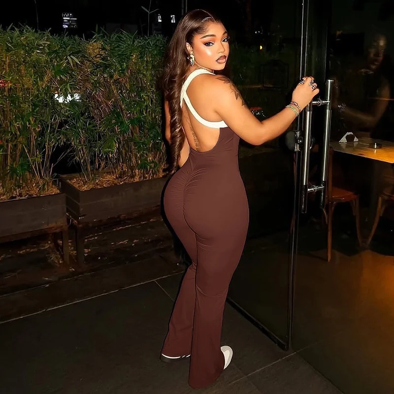 Confortable décontracté couleur pure Patchwork Bell Bot Onesie sangle Ba longue longueur vêtements de sport transfrontaliers pour femmes par Xia an R...