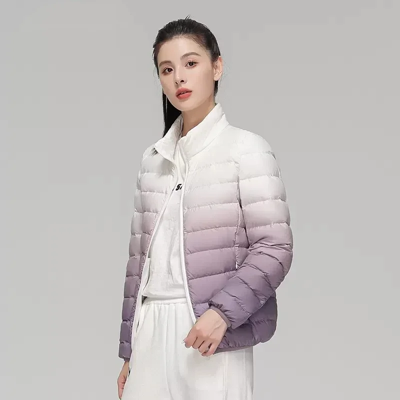 2022 New  Autumn/Winter Female Fashion Gradient Slin Fit Short Stand Collar Keep Warm Coats Women Ultra Lightweight Down Jackets