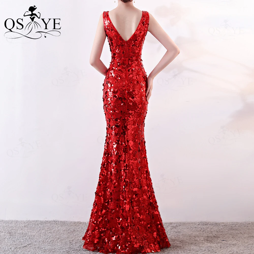 Sequin Red Evening Dresses V neck Mermaid Long Party Dress Hollow out Waist Bead Lace Sexy V-shape Back Party Formal Dress