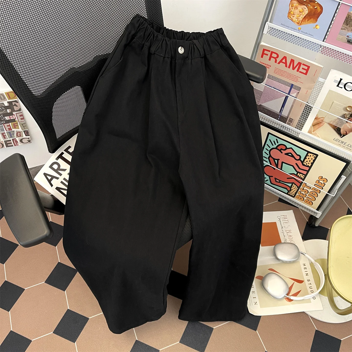 

Autumn Winter Men's Casual Pants Korean Fashion Retro Solid Color Simple Male Elastic Waist Straight Leg Pleated Trousers