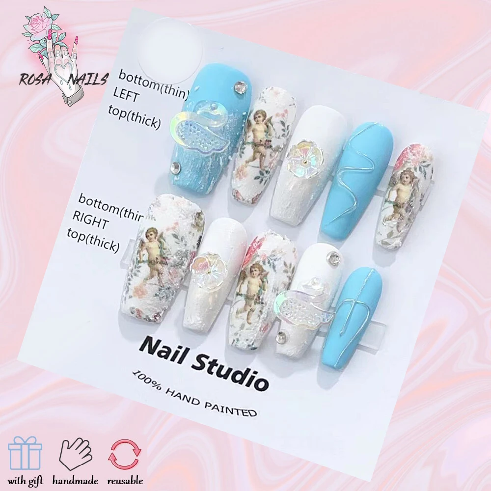 أظافر طويلة مطلية يدويًا برسم يدوي ، ملاك أزرق ، فن أظافر مزيف بتصميم ساحر ، مانيكير صناعي بغطاء كامل للفتيات #5