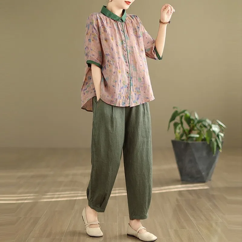 Women Summer Casual Shirt And Harem Pants New Arrival 2024 Vintage Style Floral Print Loose Female Pant Suits 2 Piece Sets Z310