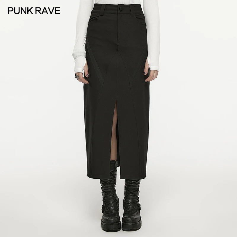 

PUNK RAVE Women's Daily V-shaped Front Slit A-line Mid-length Skirt Punk Metal Engraved Snap Button Dark Skirts Women