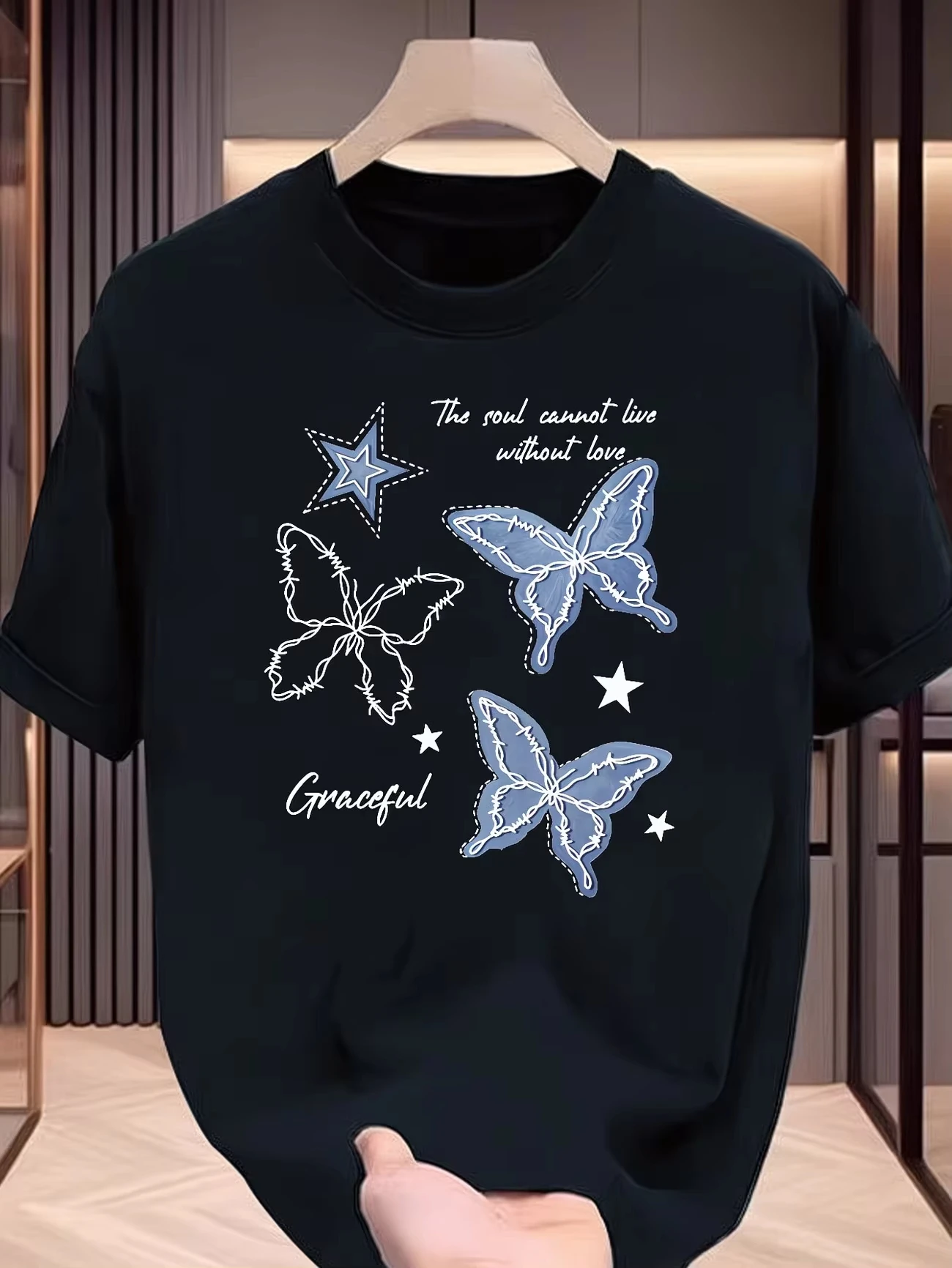 Aesthetic Blue Butterfly Graphic T-Shirt Women Summer Graceful Quote Print Tee Fashion Black Top Trendy Y2K Style Clothing