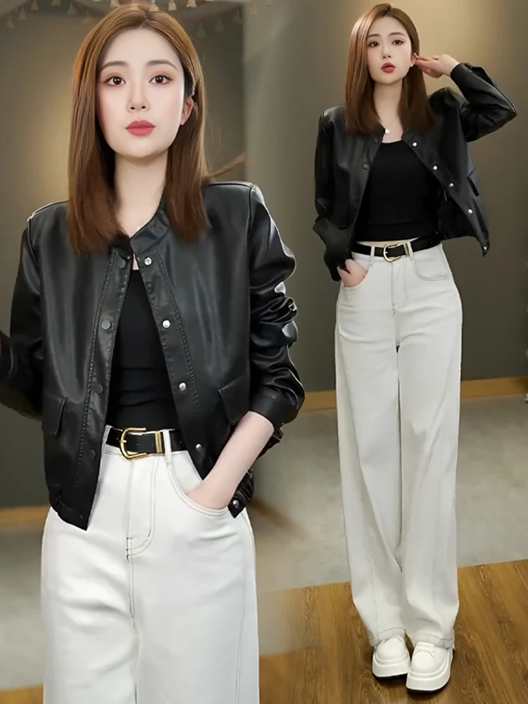 

Versatile Retro Stand Collar Short Leather Jacket Women's 2026 Spring New Small Size Motorcycle Leather Jacket Top