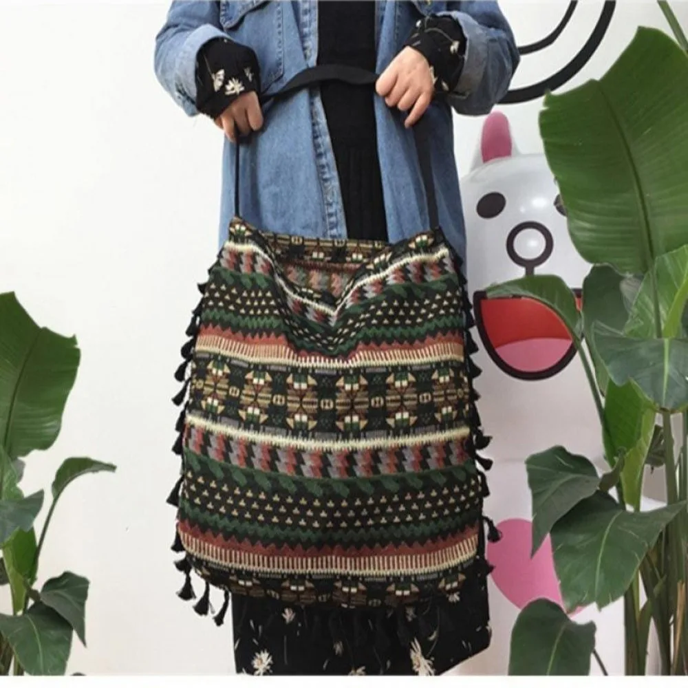 Bolso de hombro Vintage de estilo étnico, bolso de hombro con flecos, textil suave, de algodón, con borlas