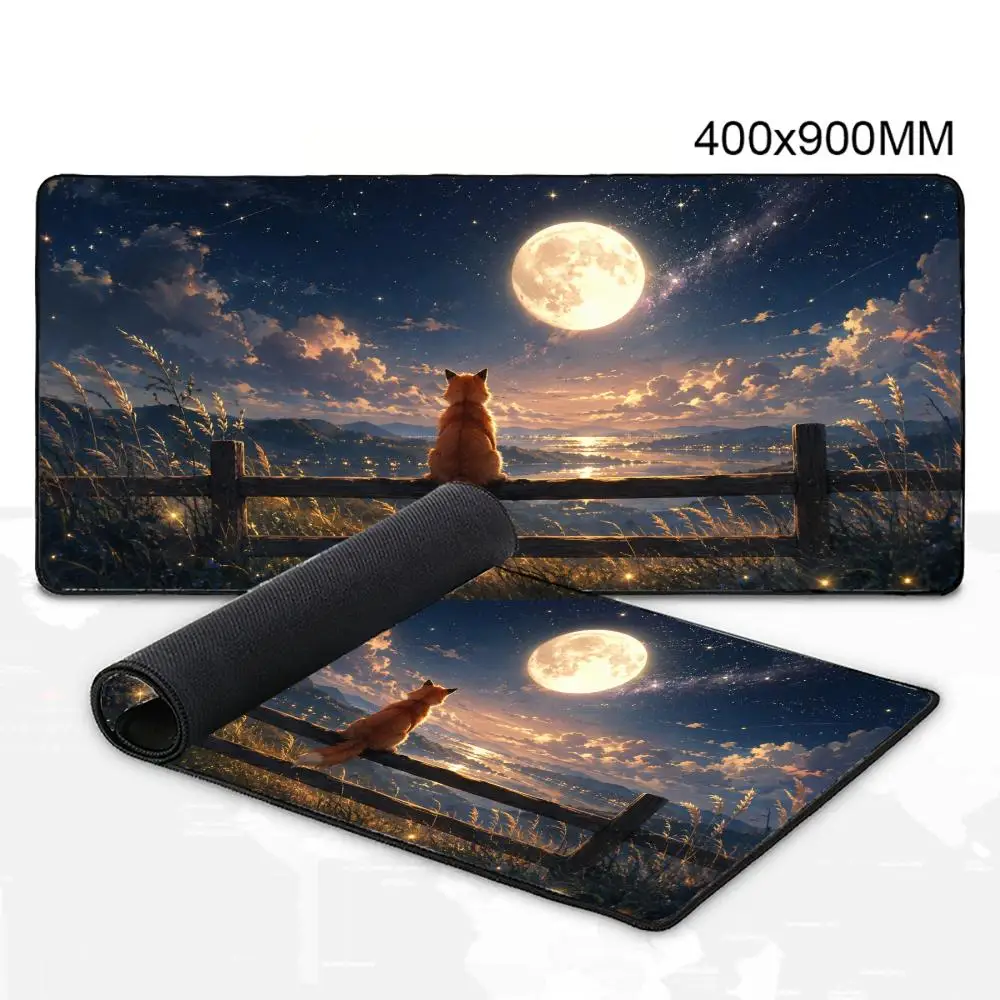 Cute Fox Large Mouse Pad Full Moon Starry Night Mountain Landscape Anime Art Desk Mat for Home Office Gaming Decor