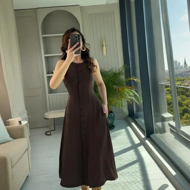 ETJ 2025 neues Damenkleid, elegante Mode, Retro-Rundhalsausschnitt, ärmellos, Gürtel, Taille, langes Kleid, Urlaub, Partykleid