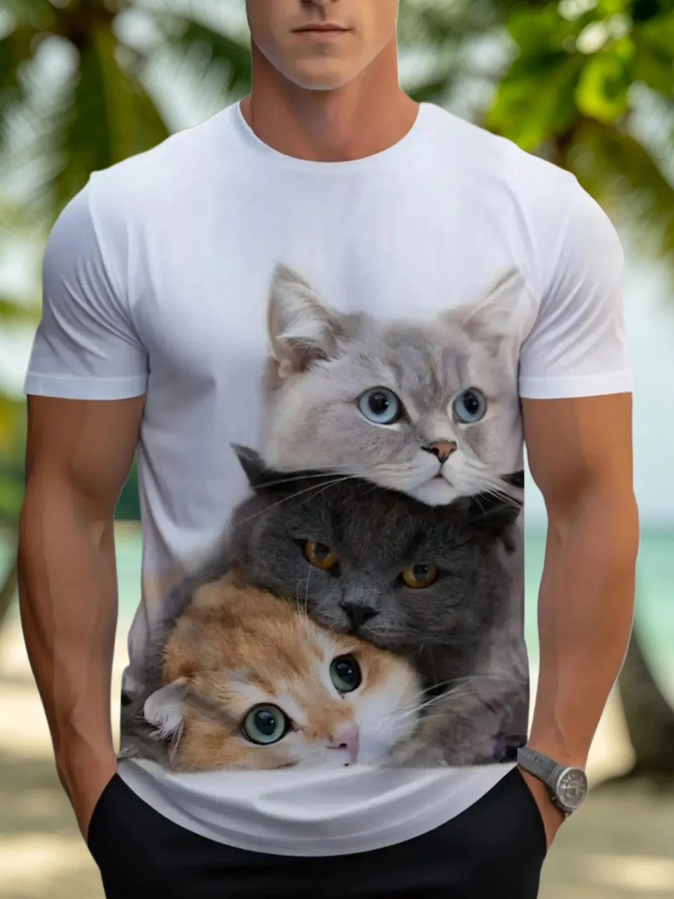 Funny Stacked Cats Graphic T‑Shirt for Men Lovely Kitten Pet Animal Print Short Sleeve Casual Streetwear Tops