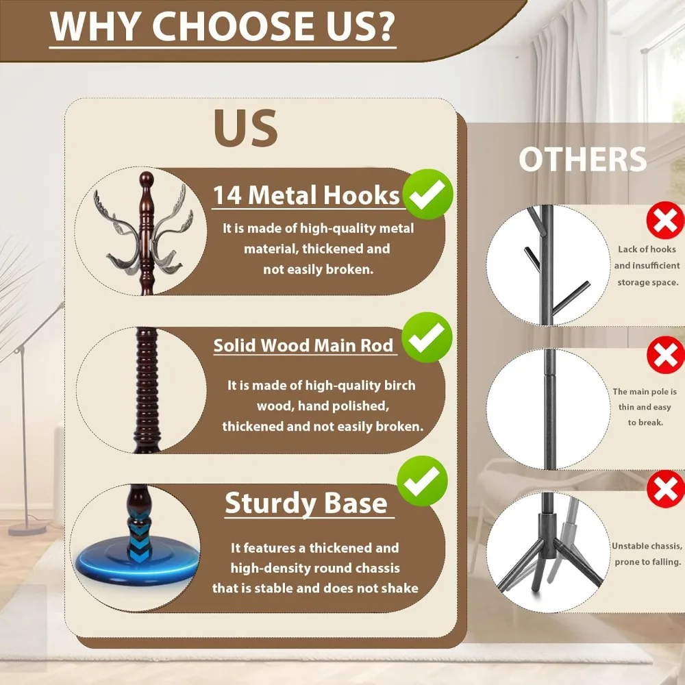 رف معطف قائم بذاته مع 14 خطافًا، تصميم من خشب البتولا الطبيعي، قاعدة مستديرة قوية مستوحاة من الأشجار