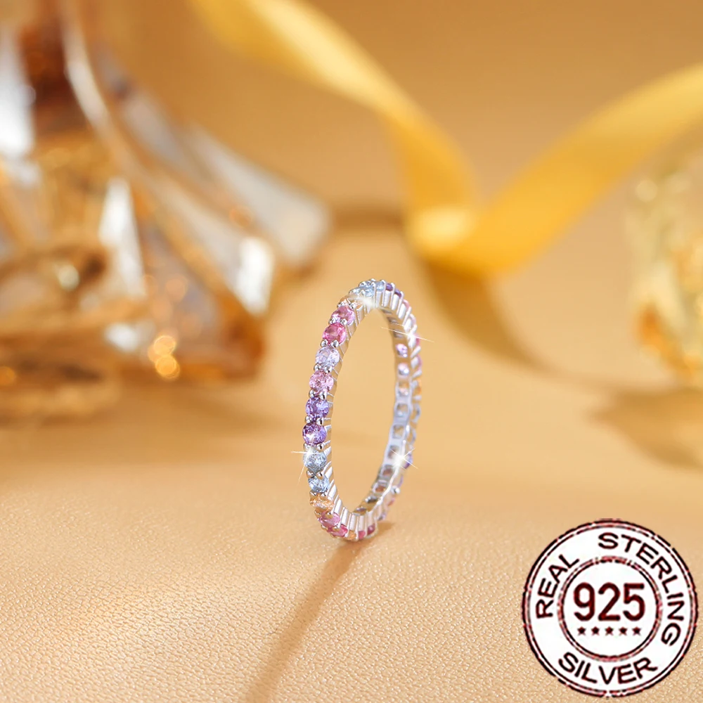 QooLady 925 Sterling Silber zierliche, funkelnde, mehrfarbige, stapelbare Regenbogenringe mit Zirkon für Damen, trendiger edler Schmuck SR114 – Detail 6