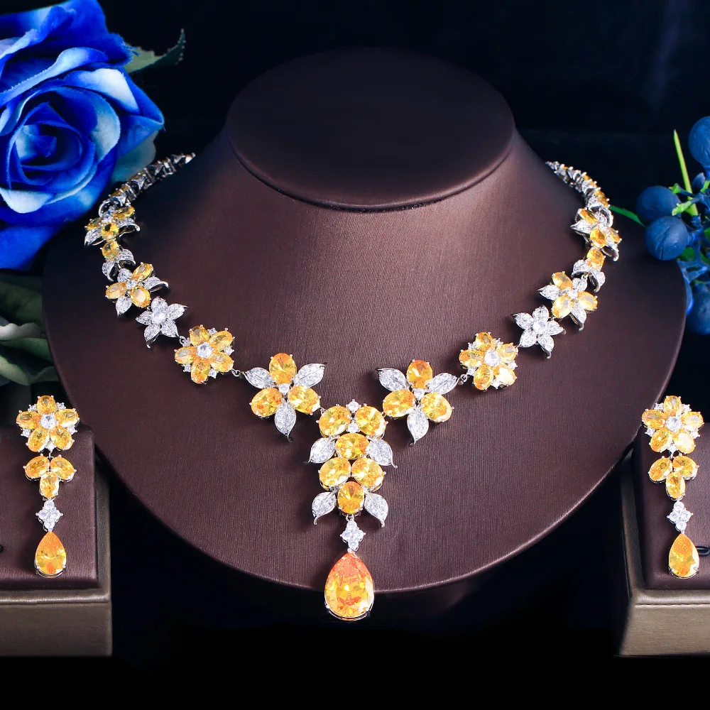 ThreeGraces Gorgeous Yellow Water Drop Cubic Zirconia Silver Color Flower Bridal Wedding Dubai Party Jewelry Set for Women T1024