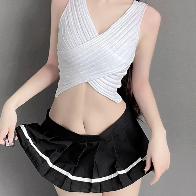 Sexy Lingerie Cosplay Student Mini Skirt Erotic Underwear Sexy Bodysuit Women Sweater Porno Maid Costumes Sexy Short Dress Set