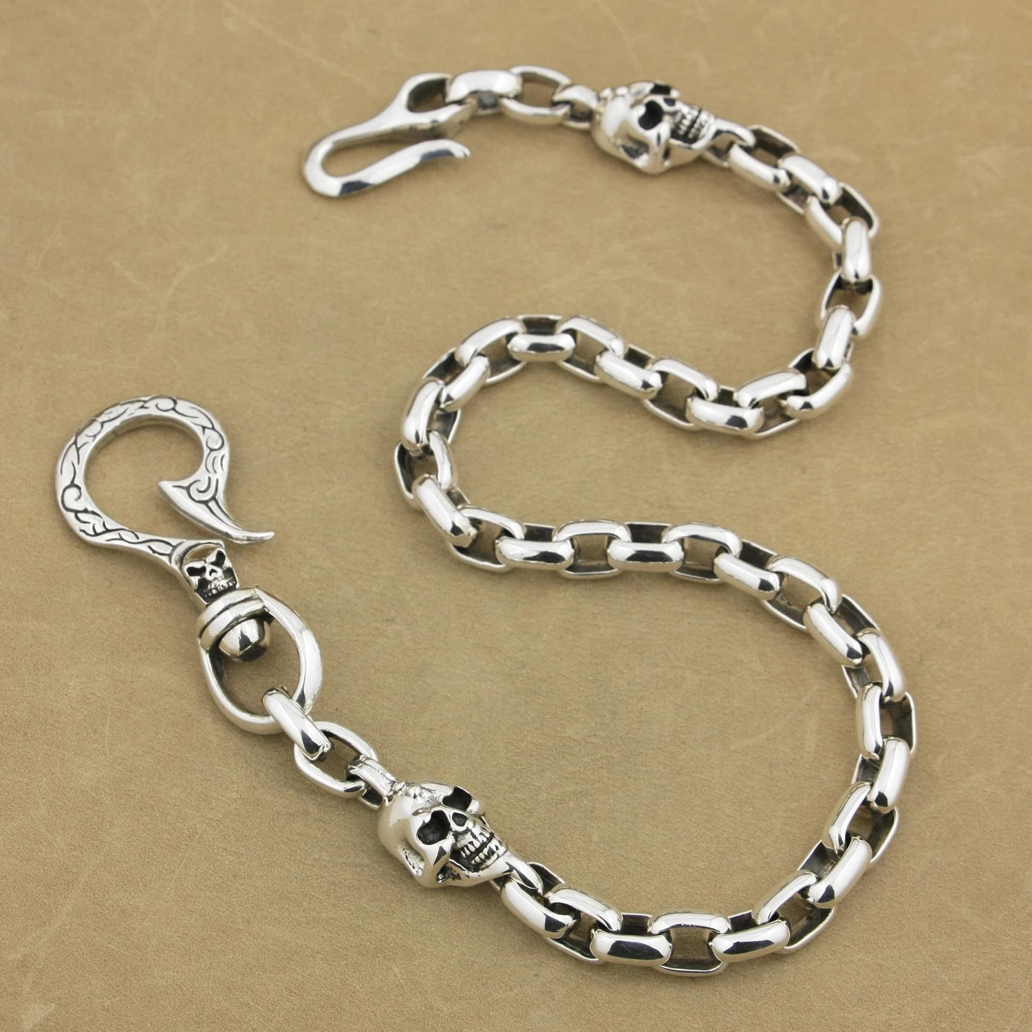 Fish Hook 925 Sterling Silver SKull KeyChain Biker Wallet Chain Punk Accessory 9N014WC