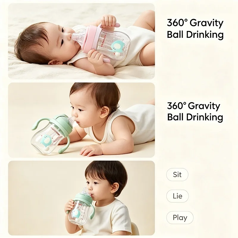 Tritan BPA Free Baby Learning Cup 240ml Soft Transition Drinking Sippy Cup 2-in-1 Duckbill & Straw Lid Anti-Choke Gravity Ball