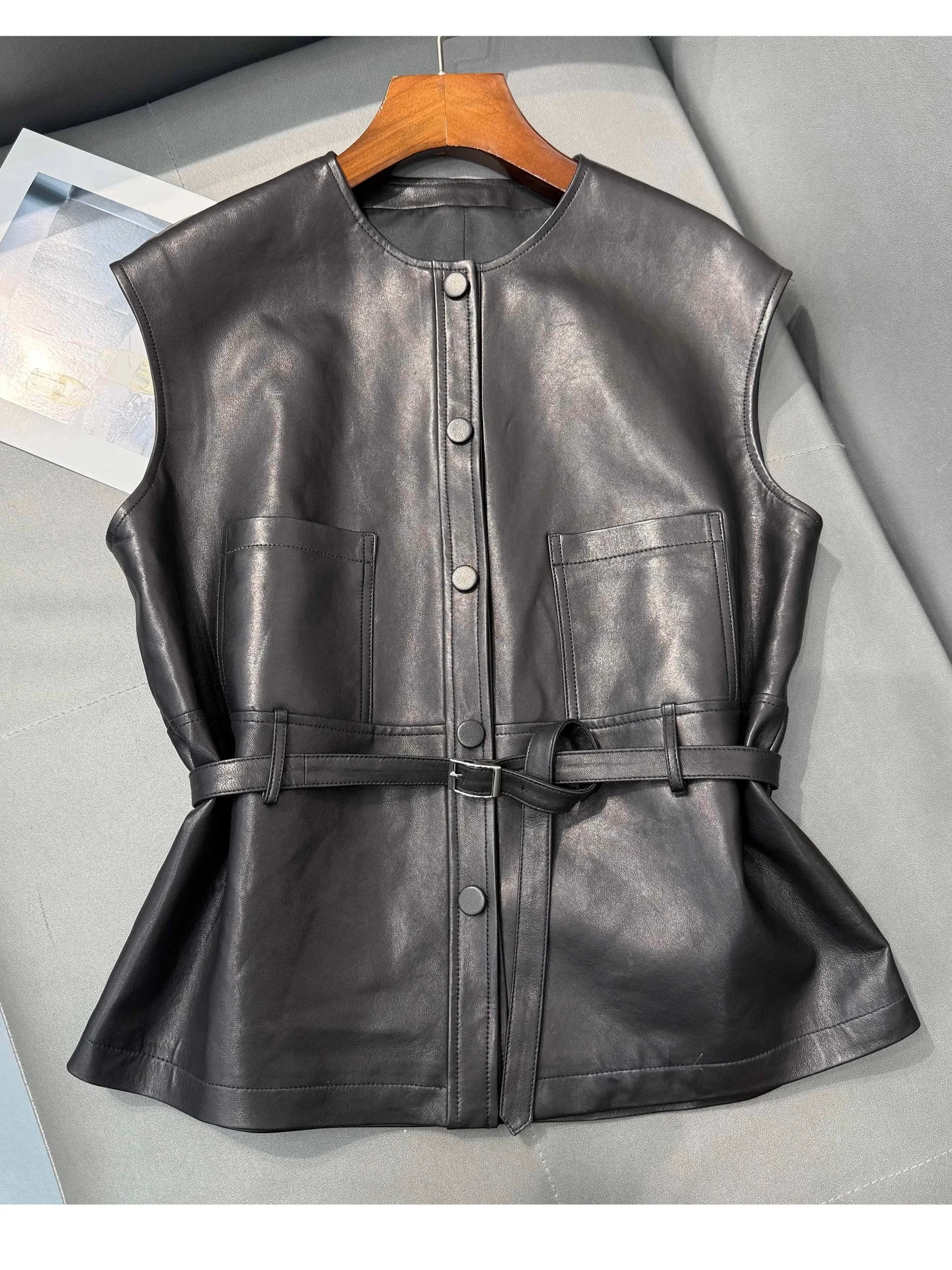 Moda Tasca Sottile Cintura Gilet Donna Femme 100% Pelle Nero Borgogna Gilet Mujer Maglione Manteau Giacca senza maniche