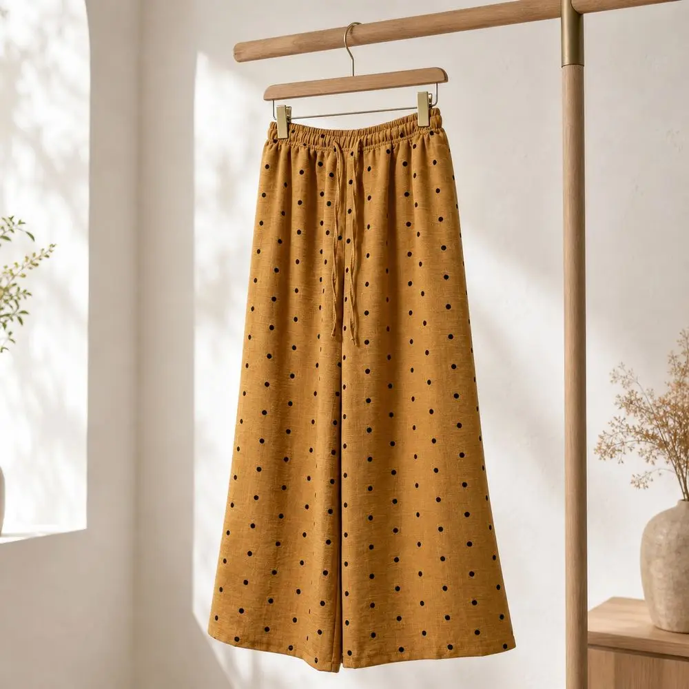 Fashion Polka Dot Pattern Wide-Leg Pants Lightweight High Waisted High Waist Pants Breathable Long Trousers