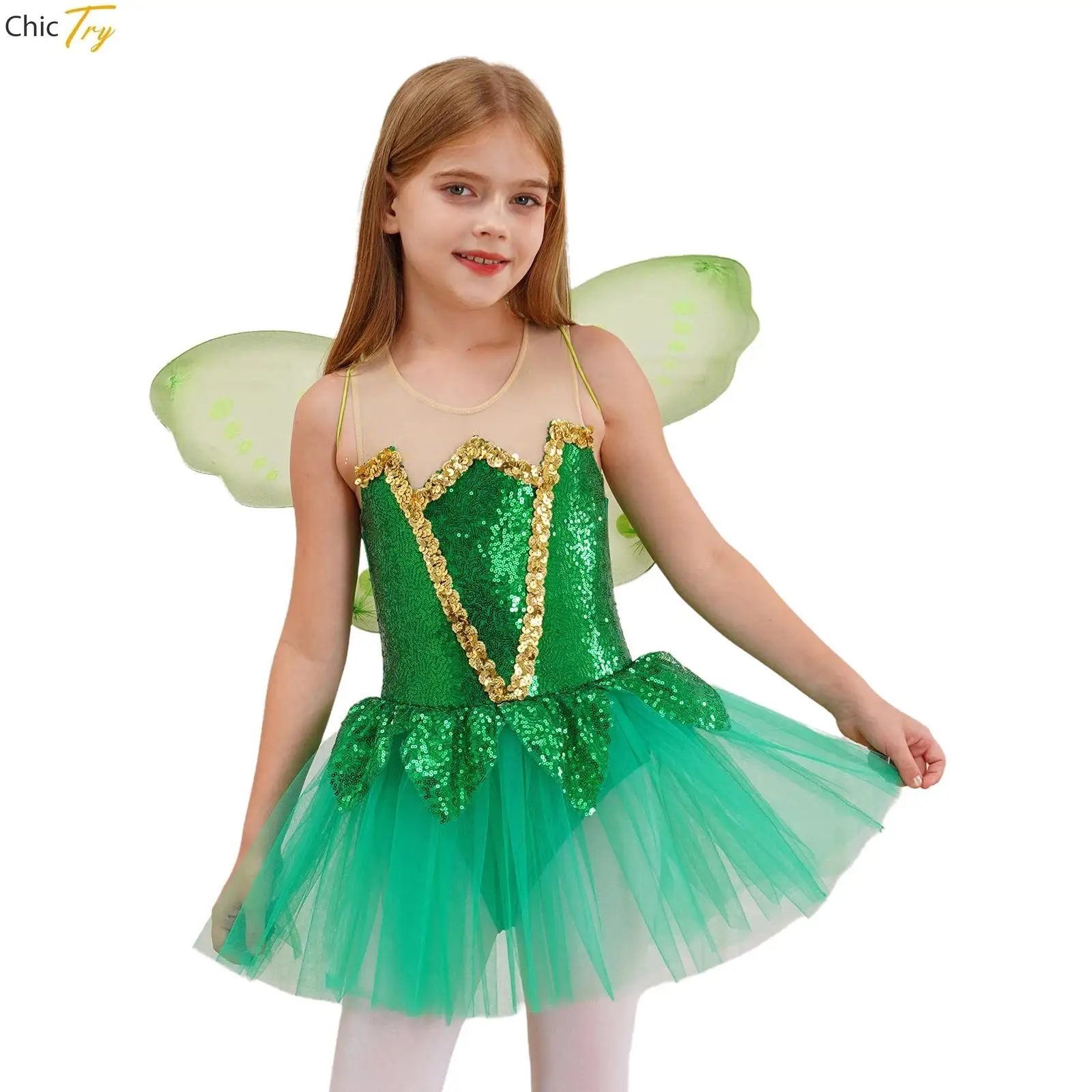 

Girls Shiny Sequins Ballet Tutu Dress with Butterfly Wings for Stage Performance Halloween Christmas Green Elf Cosplay Costumes