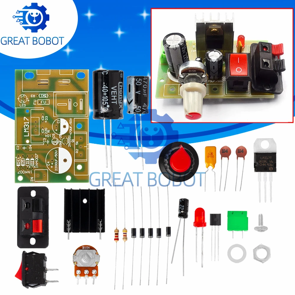 BS LM317 DIY Kit Step Down Power Supply Module Adjustable Voltage Regulator Switch Resettable Fuse Electrolytic Capacitor Board