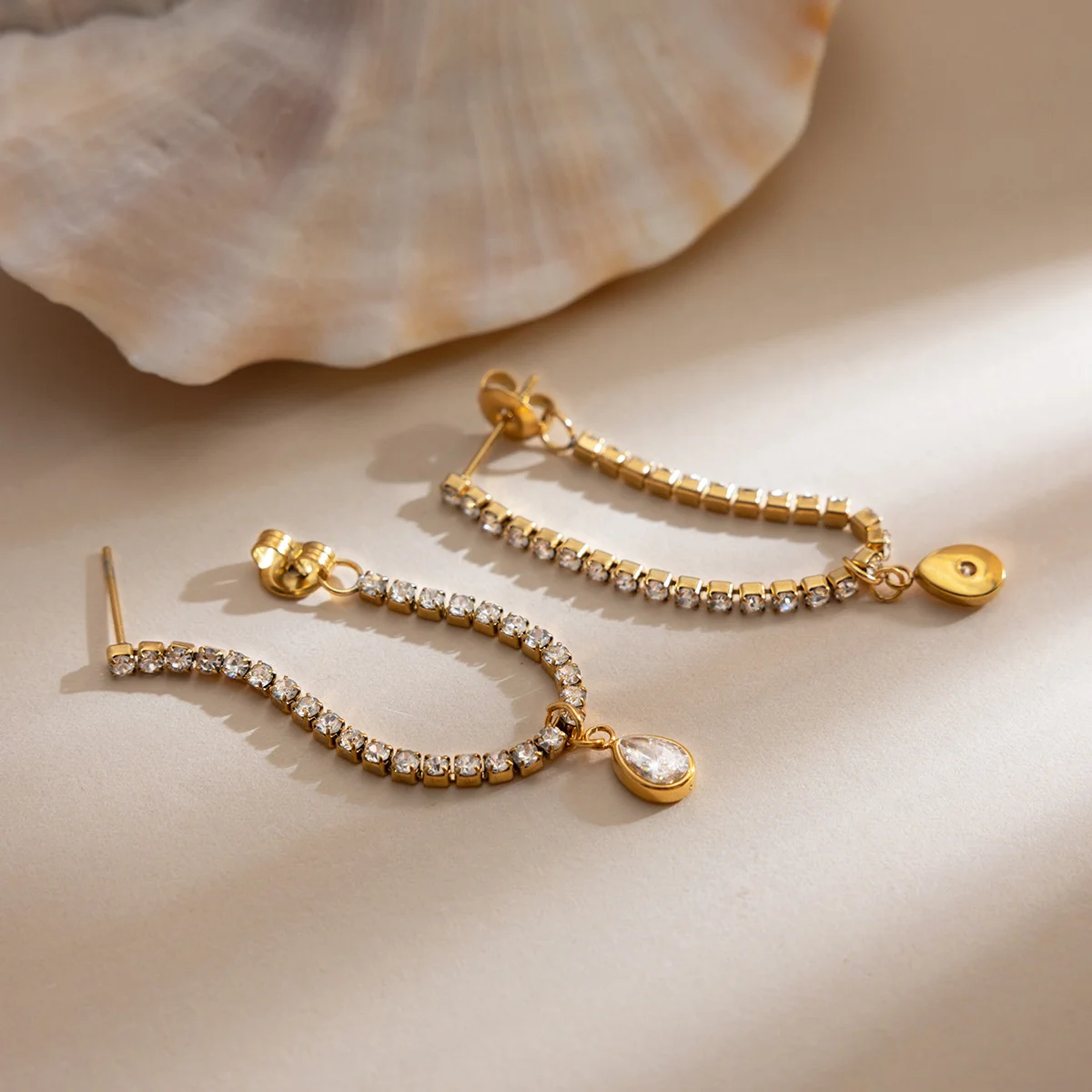

European American Stainless Steel White Water Drop Zircon Chain Tassel Earrings Elegant Stylish Hot Sale Women Ear Jewelry