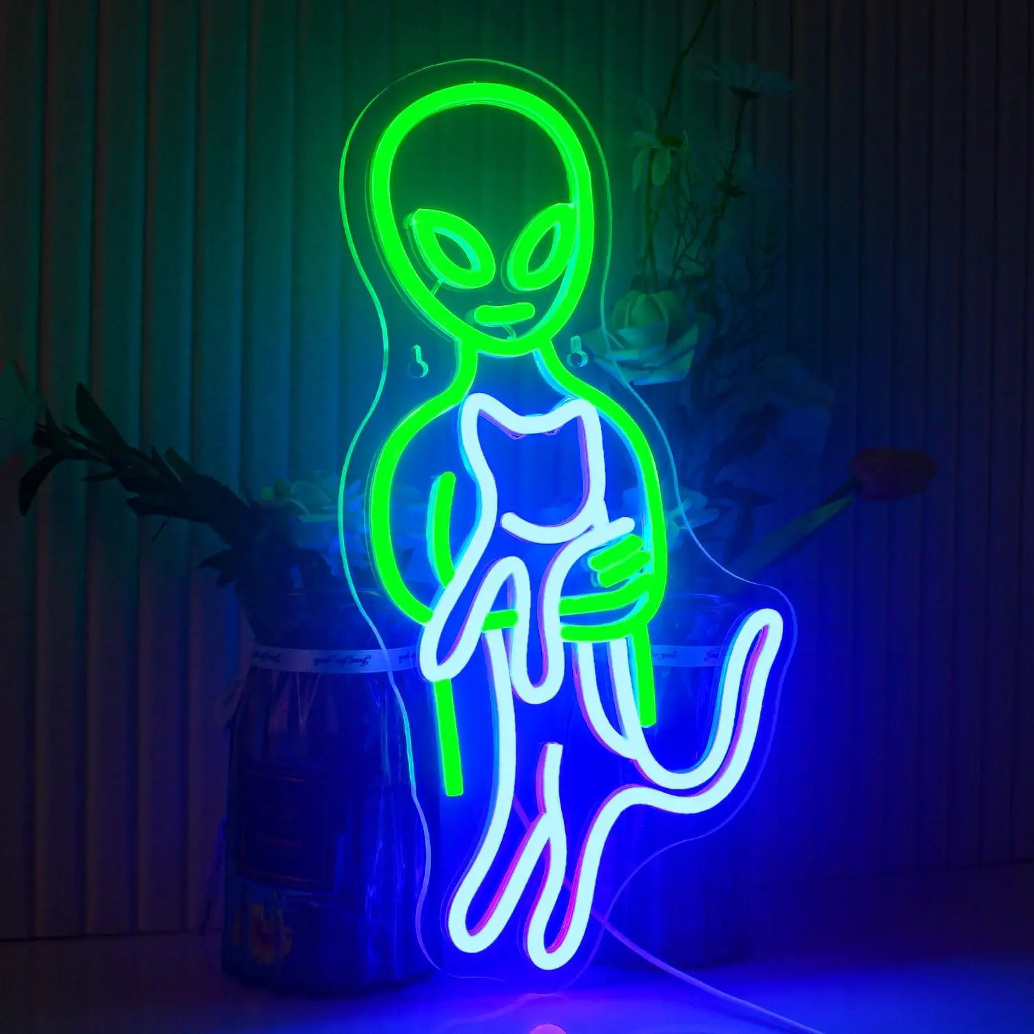 Green Alien Neon Sign Funny Cat Alien Stuff Neon Signs for Men Cave Wall Art Decor Game Room Bedroom Party Boys Girls kids Gifts