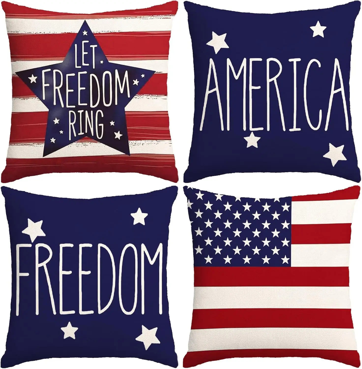 4th of July Pillow Covers, Red White Blue Summer Outdoor Throw Pillow Covers, Day USA Flag Linen Fourth of July Cushion