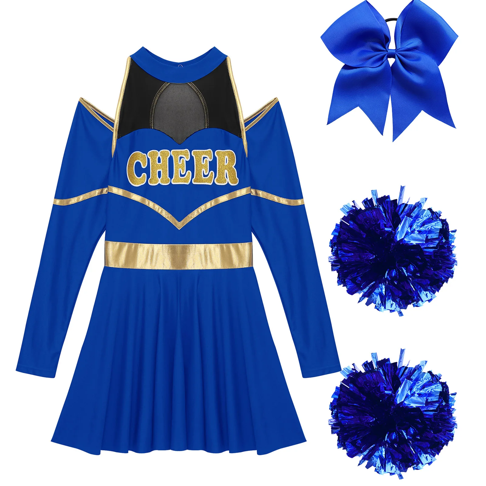 Womens Cheerleading Dance Performance Costumes Cold Shoulders Cutout Letter Print Dress Cheer Leader Uniform Dress Up Outfits