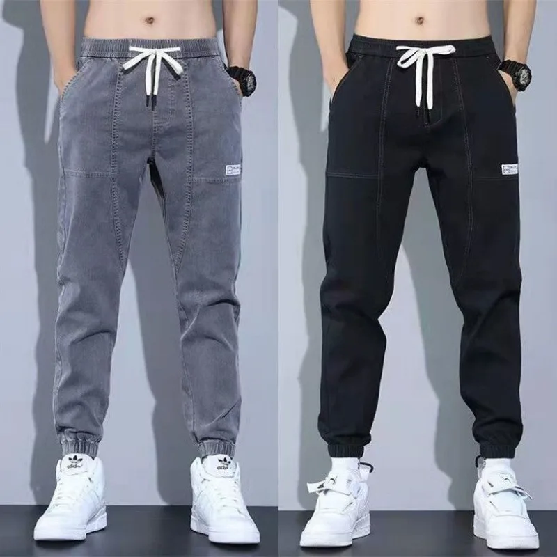 Men Denim Pants Harlem Jeans Baggy Trouser Man Clothing Leggings  Drawstring Slim Straight Stretch Business Loose Leisure