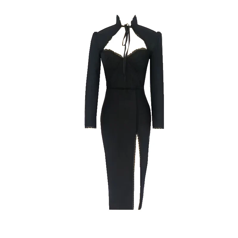 

Fashion Long Sleeve Hollow Out Bandage Dress Split Bodycon Stand Collar Slim Sexy Club Party Evening Elegant Midi Dresses